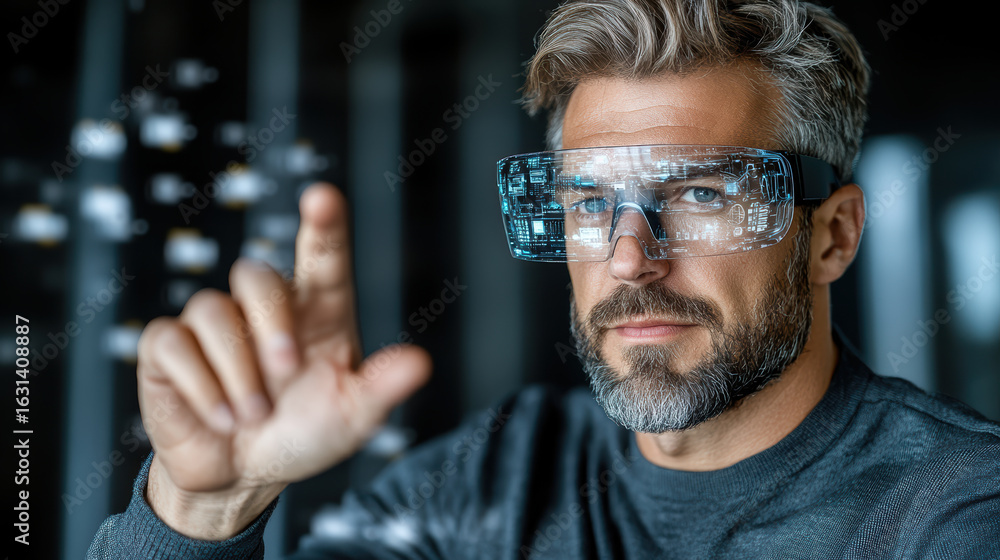 Poster innovative businessman using augmented reality glasses to interact with digital data