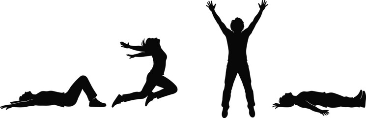 Human silhouette poses, jumping, standing, arms raised, laying down, black minimal illustration, expressive posture movements, artwork reference, body gesture pack