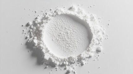 a finely scattered circle of cornstarch powder, with ultra-soft edges blending seamlessly into a pristine white surface the powderâ€™s velvety texture is emphasized by subtle shadows, evoking the
