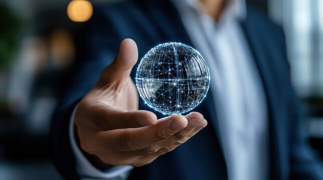 Business professional holds glowing digital globe, symbolizing global connectivity