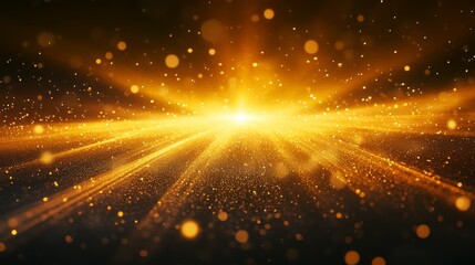 powerful beams of golden light radiate from a central horizon, stretching into the sky with an ethereal glow soft, drifting particles catch the warm amber tones, adding a sense of movement and depth