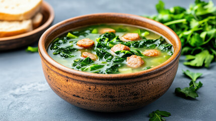 Delicious green soup with sausage and collard greens in rustic bowl, garnished with herbs