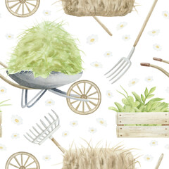 Farm gardening tools, hay stack and wooden crates watercolor seamless pattern on white. Wheelbarrow, pitchfork and boxes with greenery. Farming equipment repeat background in pastel beige and green © Elena Malgina