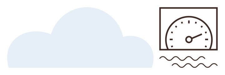 Cloud element next to a speed gauge and waves symbolizing data speed, storage, connectivity, analytics, technology efficiency, monitoring, and cloud computing insights in a simple flat metaphor
