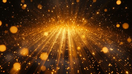 Obraz premium an awe-inspiring golden horizon bursting with radiant amber light, illuminating the darkness with cascading beams of celestial energy floating particles shimmer delicately, suspended in the glow,