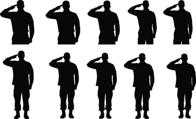 Military salute silhouettes, standing pose, uniformed figures, raised hand, respect gesture, discipline, soldier icon, black outline, white background, army personnel