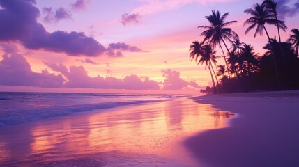 a picturesque beach scene bathed in warm, glowing light, the sky a mesmerizing gradient of pastel pinks and purples, towering palm silhouettes stretching toward the heavens, golden reflections