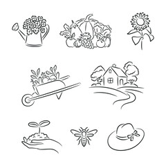Line Art Garden and Nature Icons, Watering Can, Fruits, Vegetables, Sunflower, Bee, House, Sprout