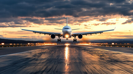 Airplane landing on at sunset, showcasing dramatic clouds and lights