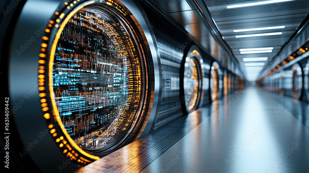 Poster digital vault glowing technology futuristic design data storage cyber security high tech