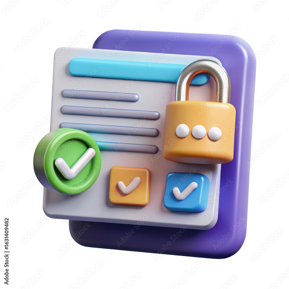 Aufkleber 3d illustration of a secure document with checklist and padlock isolated on transparent background