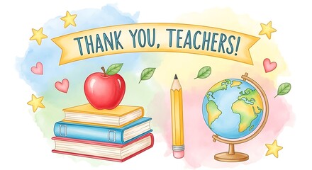 Thank you teachers illustration with books apple globe pencil hearts and stars on watercolor background