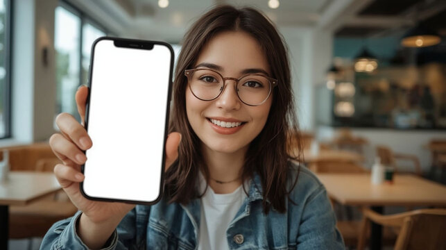 A happy woman in a coffee shop holding a black smartphone with a blank white screen up to the camera, ready for your message or image