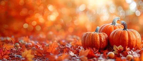 Three small pumpkins sit on a bed of colorful autumn leaves with a soft bokeh background and warm sunlight.