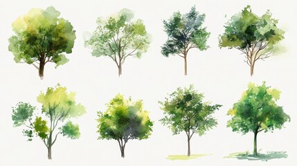 a curated set of watercolor tree illustrations, each canopy uniquely shaped with natural fluidity, soft washes of green transitioning through subtle tonal variations, gentle brushwork capturing the