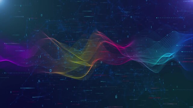 Futuristic animation shows vibrant colorful waves digital grid, data flow, sound visualization, modern technology multicolor lines suggests energy, motion, innovation, streaming digital transformation