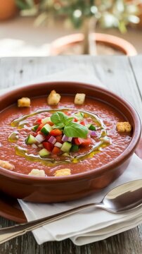 Delicious traditional gazpacho soup with vegetables olive oil and croutons in a rustic bowl