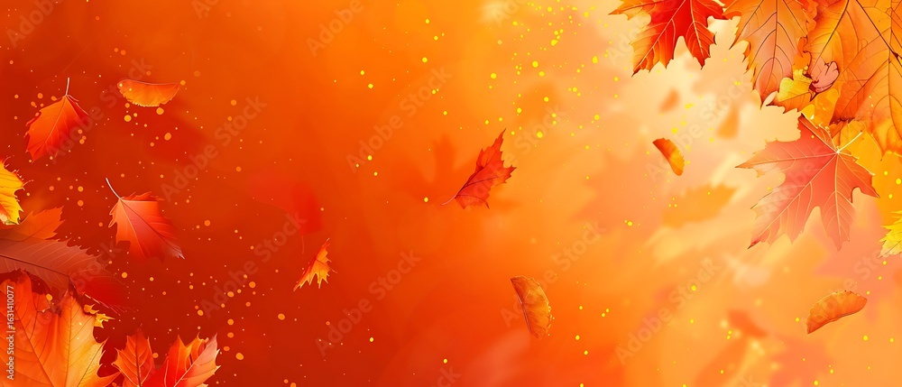 Poster colorful autumn leaves swirl and fall in a warm, glowing light with a soft bokeh background effect.