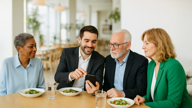 Business team having lunch and sharing phone