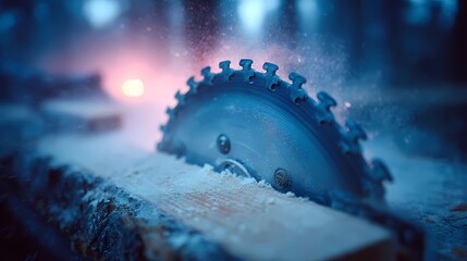 Circular saw blade actively cutting through a wooden plank, with sawdust flying and teeth engaged mid-motion.