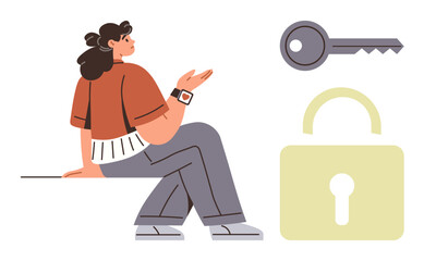 Woman sits thoughtfully next to a large key and padlock representation. Ideal for security, unlocking ideas, confidentiality, access, solutions, privacy, and empowerment. A simple flat metaphor