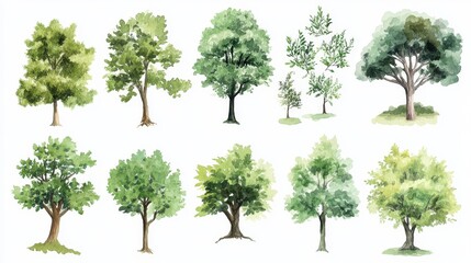 an artistic collection of watercolor tree symbols designed for professional landscaping use, featuring a variety of canopy styles from dense rounded foliage to airy open branches, soft greens layered