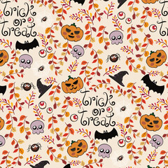 Naklejka premium seamless halloween pattern with cats, pumpkins, skulls and spiders in leaf
