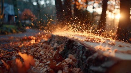 Circular saw blade actively cutting through a wooden plank, with sawdust flying and teeth engaged mid-motion.