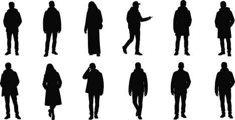 Silhouettes of people walking, standing, long coat, hoodie, hat, phone use, black outline, isolated, fashion, posture, gesture, casual style