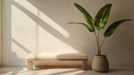 a serene contemporary wellness room bathed in soft diagonal window light, featuring a cream cushioned bench with smooth upholstery light wood furniture complements the minimalist design, while a