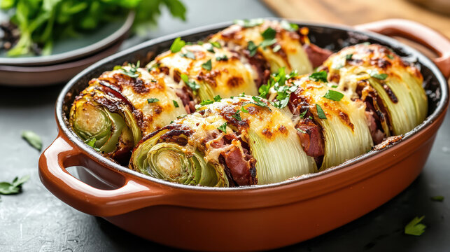 Creamy endives wrapped in ham, baked with cheese, garnished with herbs
