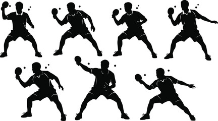 Table tennis silhouettes in active stances, paddle motions, ball interaction, dynamic poses set, sport movement illustration, black minimal art bundle