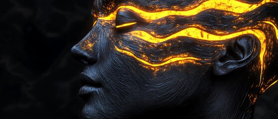 Side profile of a dark human face with glowing orange wavy lines across the forehead and eyes, symbolizing futuristic ai and digital consciousness.