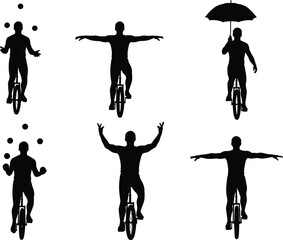 Unicycle silhouette, juggling, umbrella trick, balance pose, arms raised, circus skill, black outline, white background, motion study, performance art, rider gesture