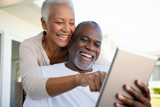 A joyful senior retired couple shares a happy moment outdoors, engaging with a tablet. They smile at each other, enjoying their time in the sun. Generative AI.