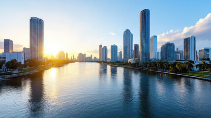 Naklejka premium Sunset over city skyline reflecting on river, showcasing modern architecture and vibrant colors