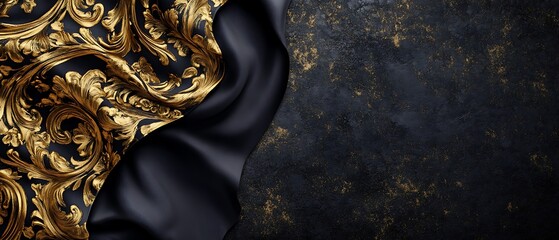 Luxurious black velvet fabric draped over a rich golden ornate pattern background.