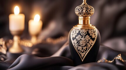 Fototapeta premium Ornate Arabian perfume bottle resting on black silk with candles glowing in background