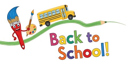 Back to school illustration with paintbrush, school bus, and pencil on a white background art