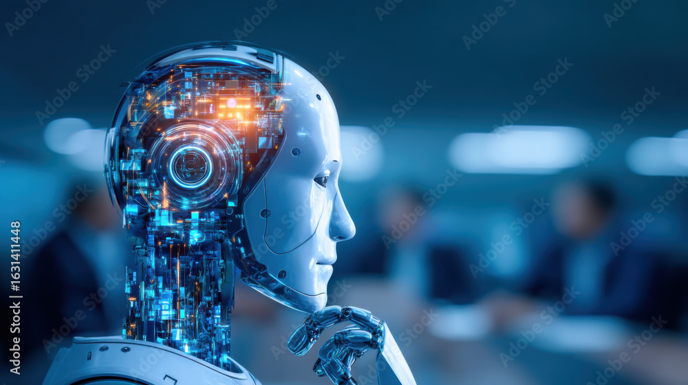 Aufkleber a futuristic humanoid robot with intricate circuitry contemplates in a blurred office setting, showc