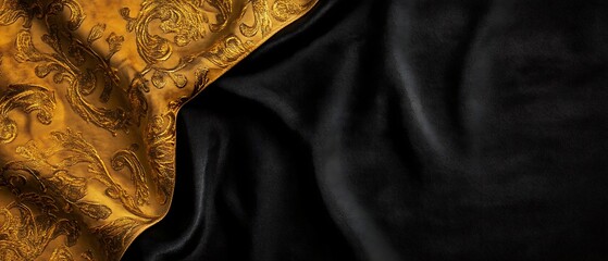 Rich golden ornate fabric texture contrasted with luxurious black velvet material.