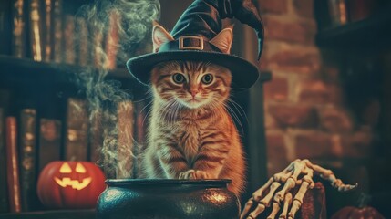 Adorable kitten wearing witch hat sits on cauldron for Halloween night