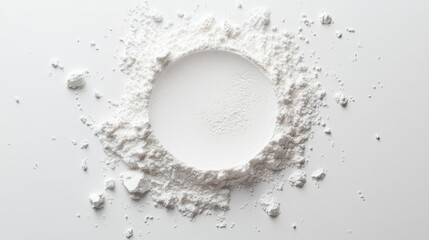 a finely scattered circle of cornstarch powder, with ultra-soft edges blending seamlessly into a pristine white surface the powderâ€™s velvety texture is emphasized by subtle shadows, evoking the