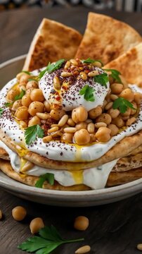 Delicious traditional lebanese fatteh with chickpeas pita bread yogurt and pine nuts for breakfast