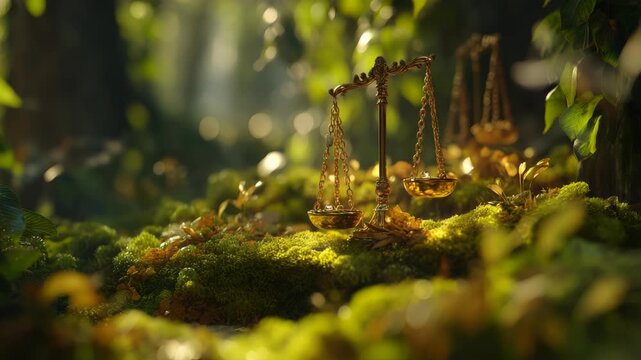 Nature's Balance: Golden Scales in a Lush Forest, Symbolizing Harmony and Justice