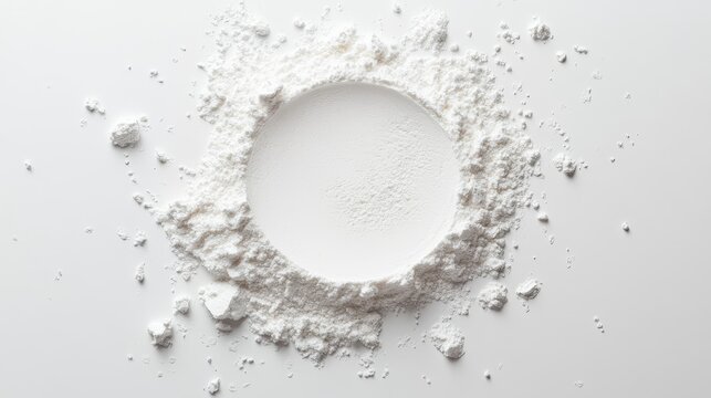 a finely scattered circle of cornstarch powder, with ultra-soft edges blending seamlessly into a pristine white surface the powder&acirc;&euro;&trade;s velvety texture is emphasized by subtle shadows, evoking the
