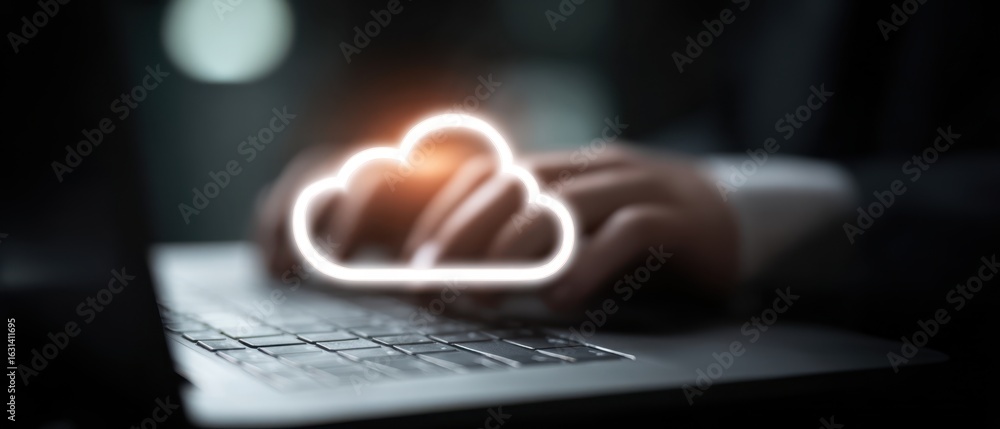 Poster the cloud computing concept with hands typing on a laptop keyboard.