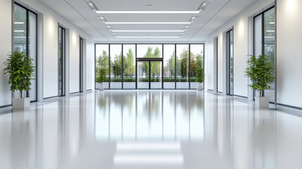 Bright, clean, futuristic lab corridor with large windows and greenery outside
