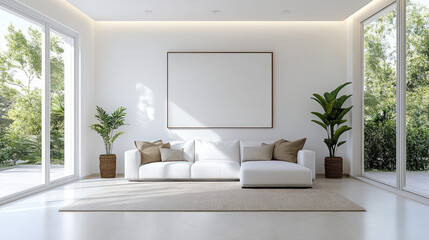 Minimalist living room with white sofa, natural light, and greenery
