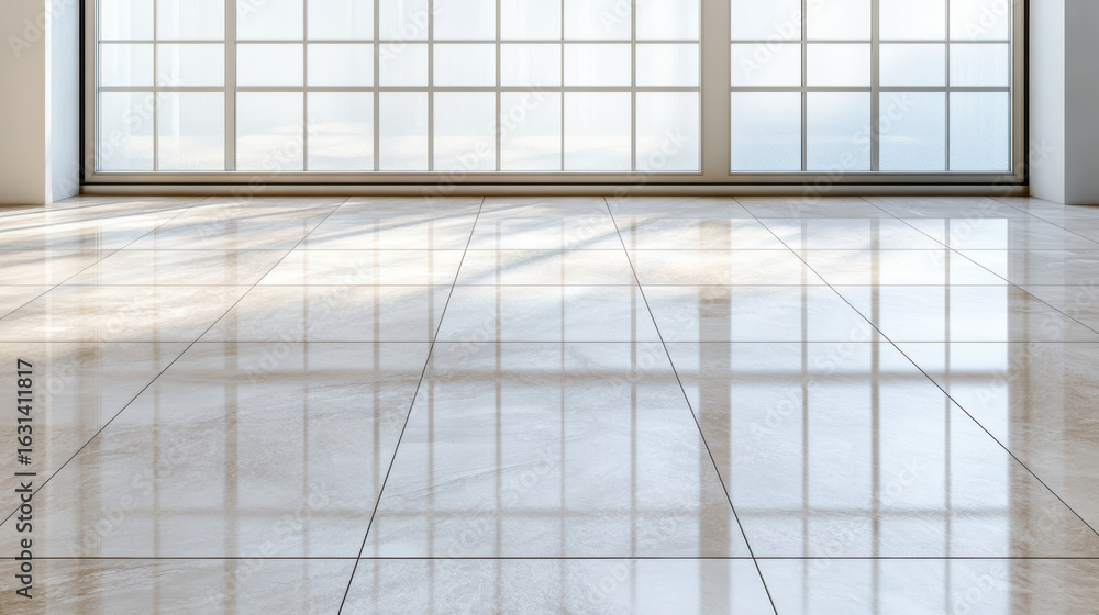 Poster clean tiled floor reflecting soft sunlight, creating serene atmosphere
